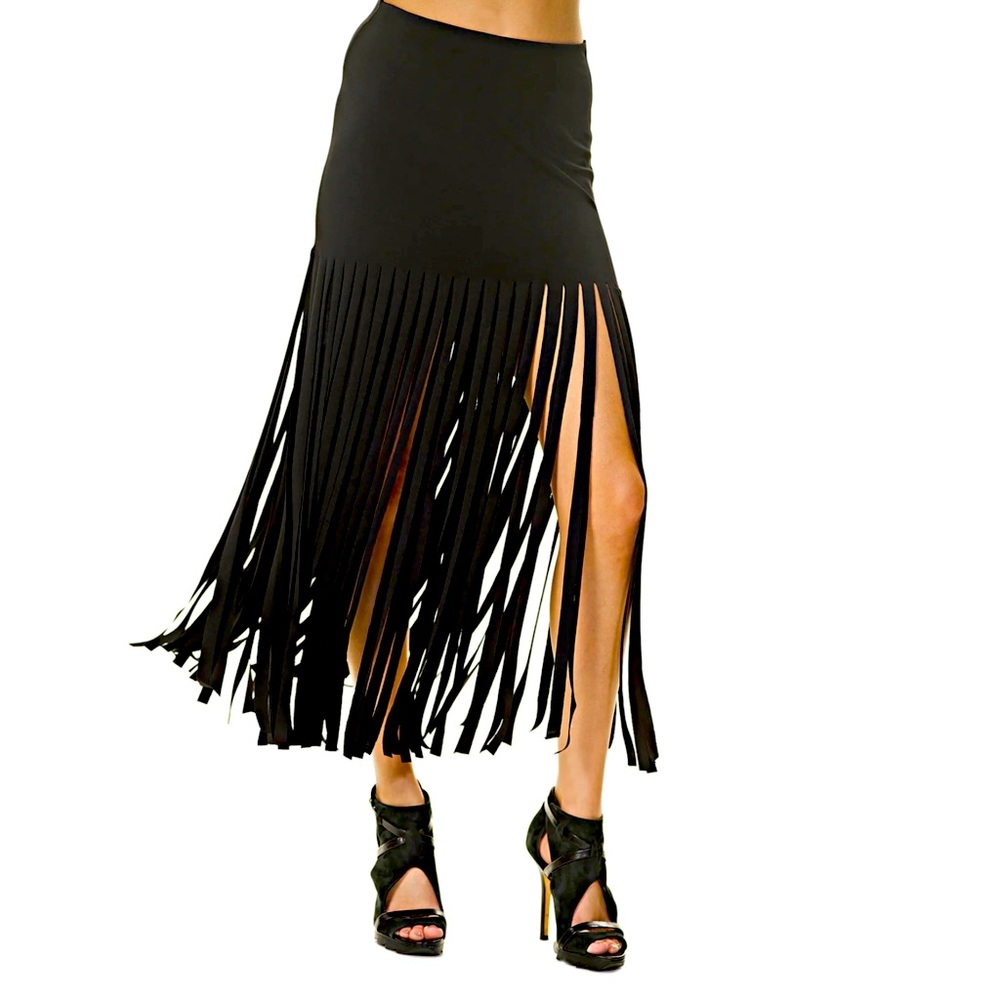 Eva Varro Fringe Skirt Black Mini Tight Fit Long Tassels Cut Out XS